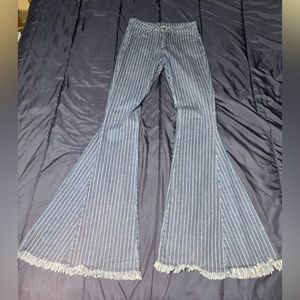 Saints & Hearts Bell Bottoms High Waisted Jeans, Blue w/ tiny white strips, S.